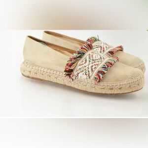 Conchisa multicolor woven/fringed tan suede espadrilles. Size 38 (7.5).